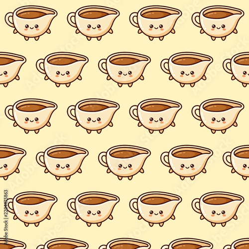 Cute cartoon coffee cups with smiling faces form a seamless repeating pattern on a yellow background.