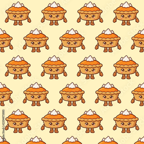 Cute pumpkin pie cartoon characters with faces, arms, and legs form a seamless repeating pattern on a light yellow background.