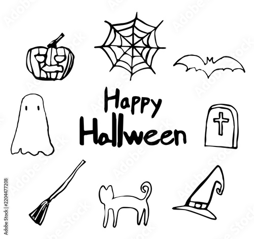 Hand draw cute Halloween doodle elements set featuring ghost, pumpkin, bat, cat, witch hat, spider web, tombstone, and broom in black and white line art style.