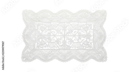 White rectangular embroidered lace doily with wavy border