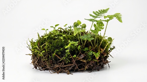 Lush green moss patch growing delicate fern leaves rests on a bright white studio backdrop.