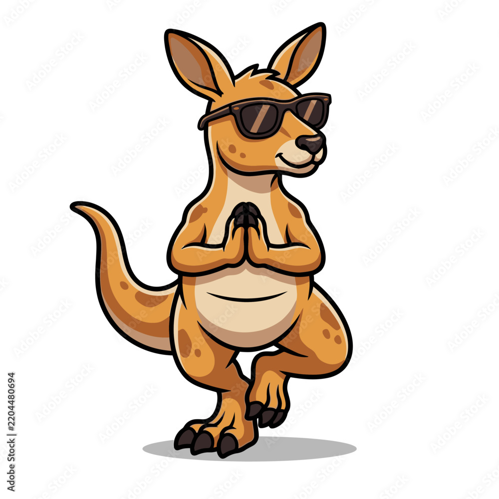 Fototapeta premium Cool cartoon kangaroo wearing sunglasses practicing yoga meditation pose.