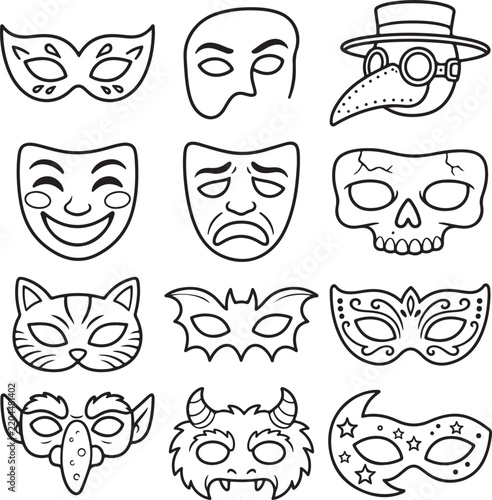  Halloween Masks and Disguise Black Outline Vector Icons