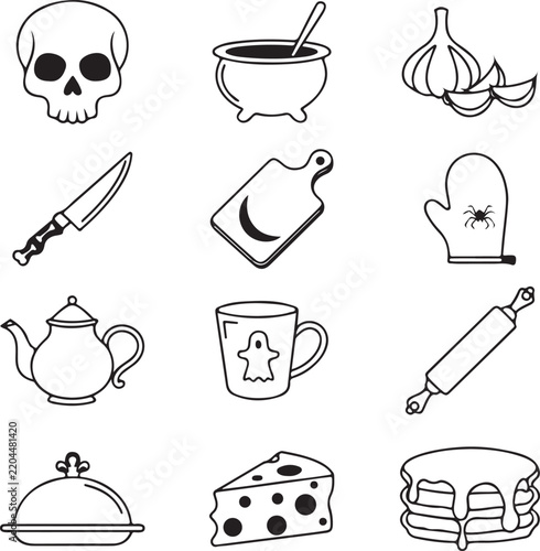 Halloween Spooky Kitchen Black Outline Vector Icons