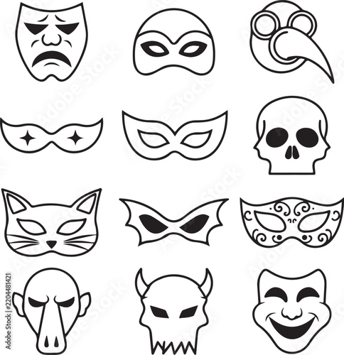  Halloween Masks and Disguise Black Outline Vector Icons