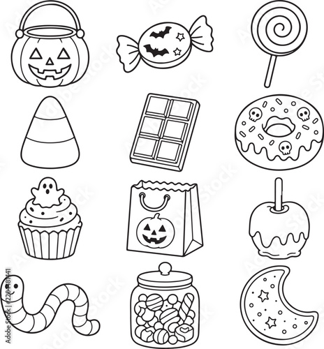 Halloween Candy and Trick-or-Treat Black Outline Icons