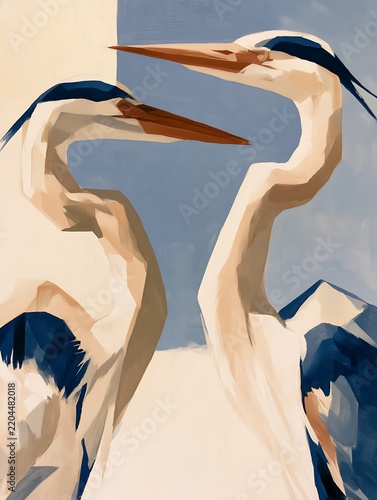 Stylized Artistic Illustration of Two Graceful White Herons with Elegant Profiles and Long Necks on Minimalist Background