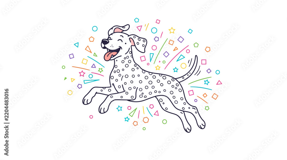 Obraz premium Dalmatian dog mid-leap with dynamic geometric confetti burst in clean white space