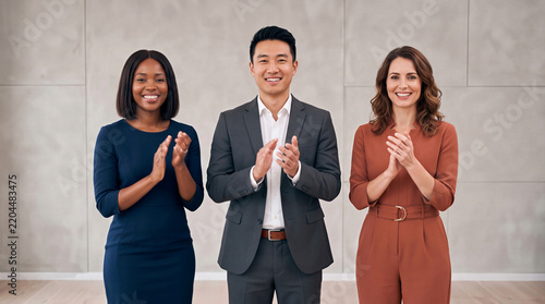 Business professionals clapping and smiling at camera. Corporate team applauding success, achievement, and appreciation