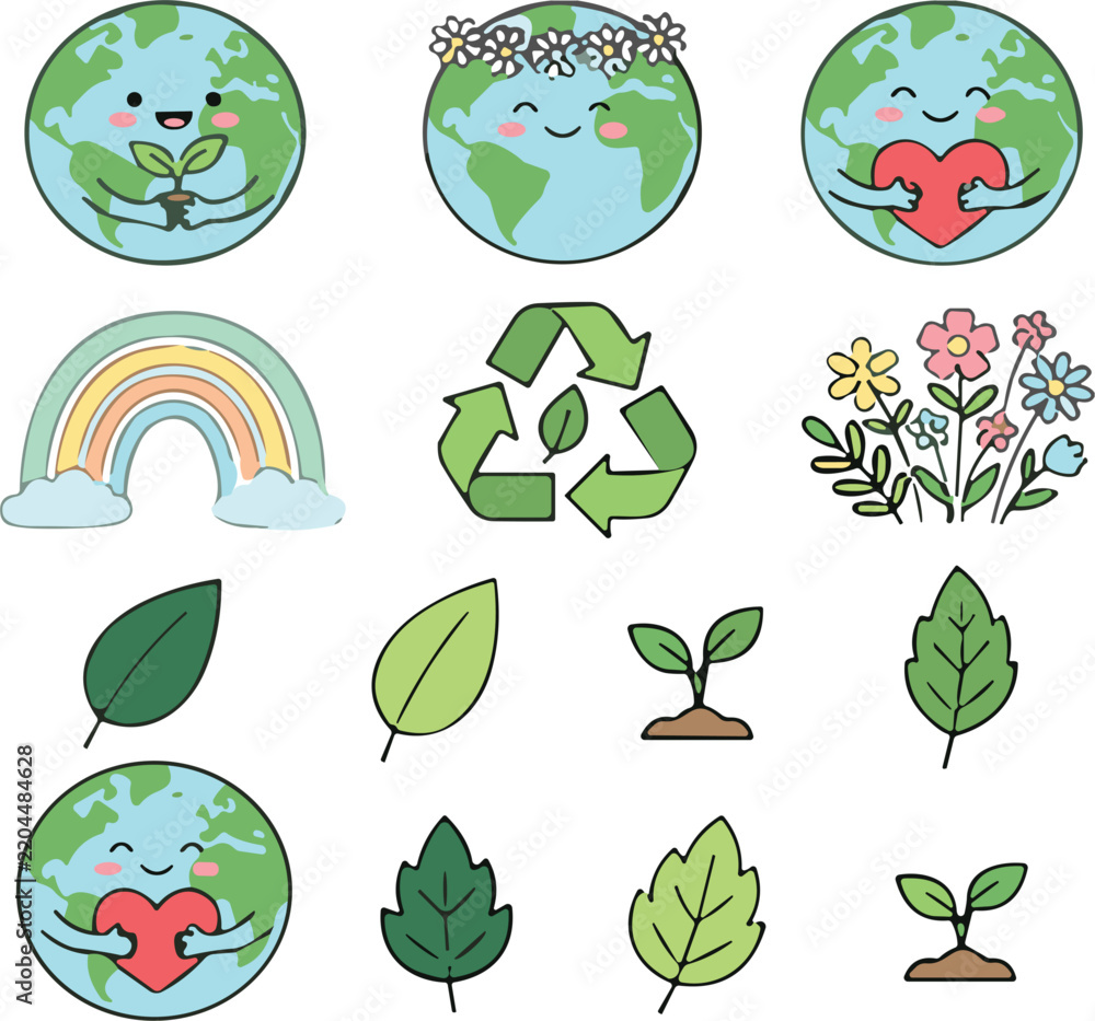 Obraz premium Cute Eco Friendly Planet Earth Vector Icon Set Featuring Kawaii Globe Characters Recycling Symbols Rainbows Leaves and Flowers for Earth Day Campaigns
