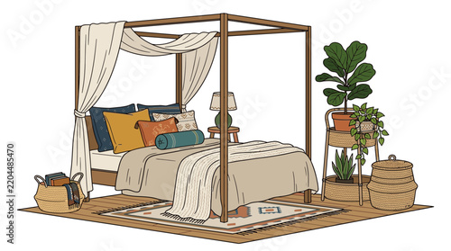Photography Bohemian canopy bed bedroom interior design illustration