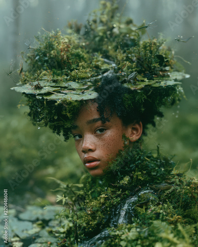 Surreal portrait of a young woman emerging from a lush wetland ecosystem filled with moss, fern, lily pads, frogs and dragonflies in a misty forest setting.