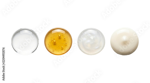 Cosmetic cream and serum texture drops arranged in a horizontal row on transparent background