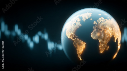A digital globe beside a financial chart represents global economy analysis international markets and investment trends.
