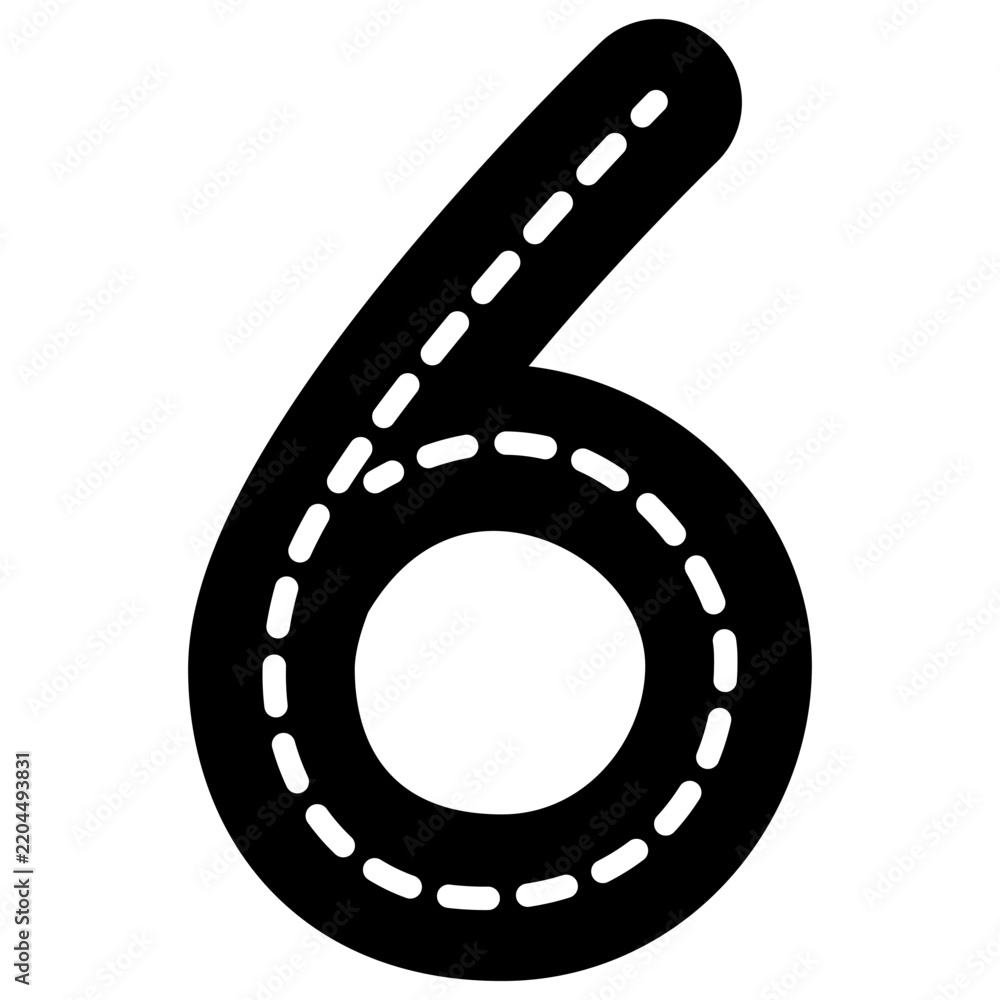 Fototapeta premium Number 6 road track vector illustration with asphalt pattern and dashed white lane lines for kids learning.