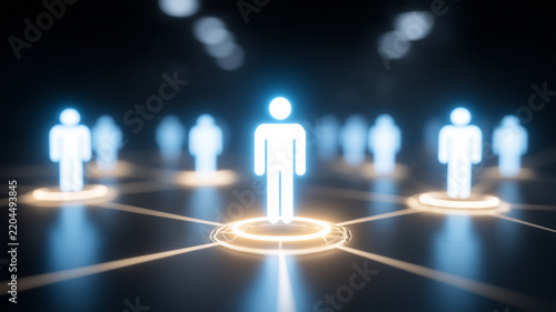 Connected human figures arranged across a network represent teamwork workforce management and professional communication.
