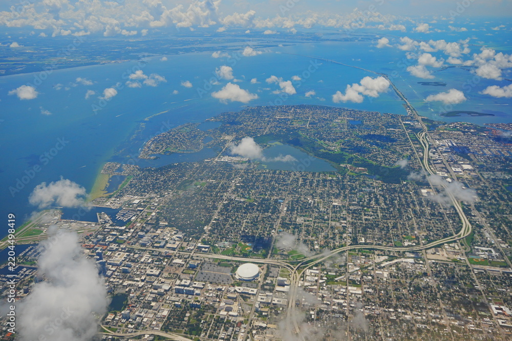 Fototapeta premium Aerial view of Tampa, st petersburg and clearwater and Tampa Bay in Florida, USA in a sunny day
