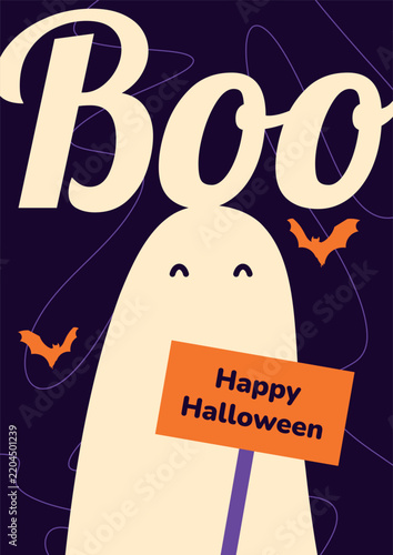 Cute Halloween Ghost Seamless Pattern with Orange Bats and Purple Background