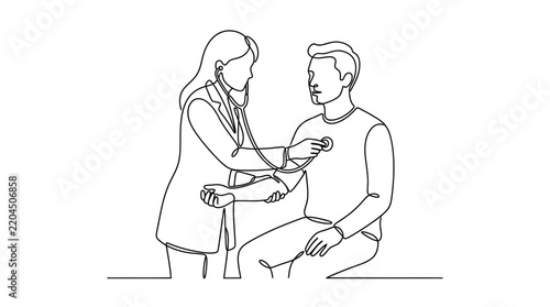 Doctor examining patient with stethoscope, continuous line art