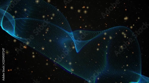 Abstract Blue Energy Wave with Golden Glowing Particles on Dark Cosmic Background