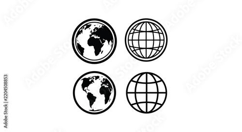 Set of four world globe icons arranged in a grid, representing global maps and geography graphics for design projects.