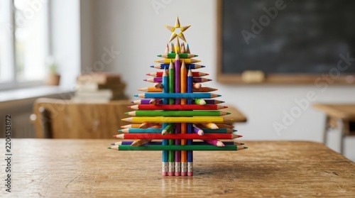 A unique Christmas tree crafted entirely from colorful pencils on a wooden surface, showcasing artistic holiday creativity.