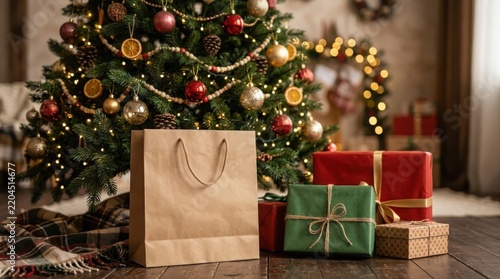 Brown kraft paper shopping bag stands next to wrapped christmas presents and a decorated tree