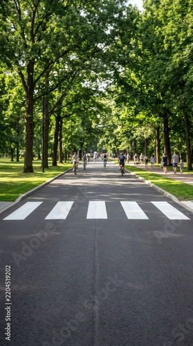 eye-level commercial stock photograph of a broad pedestrian crossing with crisp, bright white stripes painted on smooth dark asphalt. The road cuts through a tranquil municipal public park flanked 