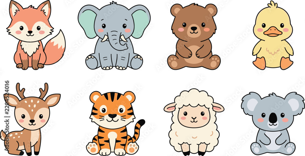 Obraz premium Cute Baby Animals Vector Character Set Featuring Little Fox Elephant Teddy Bear Duckling Deer Tiger Sheep and Koala for Kids Nursery Illustration Designs