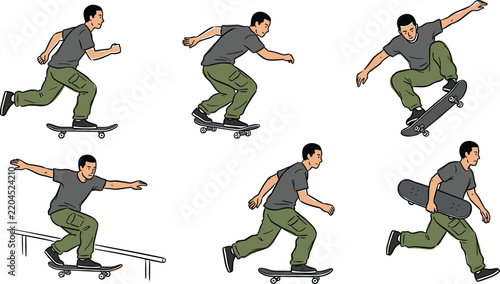 Canvastavla Male Skater Vector Character Set Wearing Cargo Pants Performing Skateboard Rail