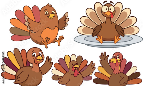 Collection of cute Thanksgiving cartoon turkey characters in various poses and expressions isolated on white background