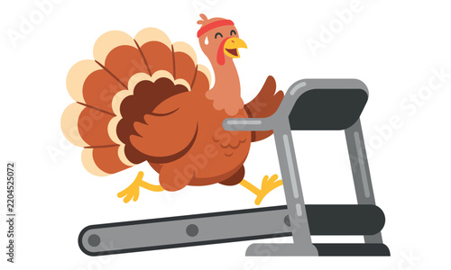 Funny cartoon Thanksgiving turkey wearing a sweatband running on a treadmill isolated on white background