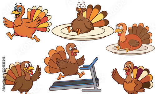 Set of funny cartoon turkey characters in different poses including running on a treadmill and sitting on a plate isolated on white background