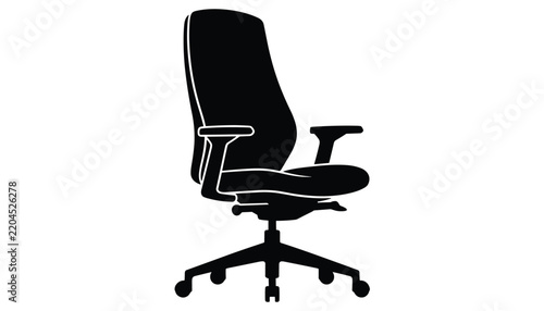 Solid black silhouette of a modern ergonomic office desk chair with wheels isolated on clear white background.