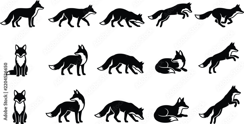 Obraz premium Minimalist fox silhouette collection, 15 black wild animal icons in various poses, forest wildlife vector set for logo design and nature branding