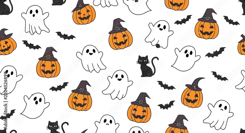 Fototapeta premium Seamless vector pattern featuring cute halloween pumpkins, friendly white ghosts, black cats, and flying bats