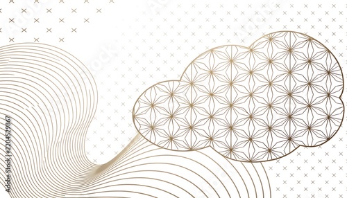 Abstract background displays golden lines forming cloud and wave formations.