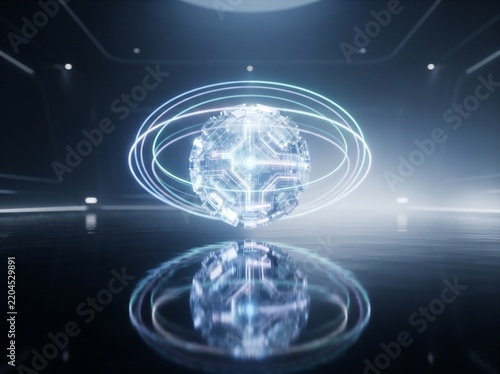 Futuristic Crystalline AI Sphere with Glowing Orbiting Rings