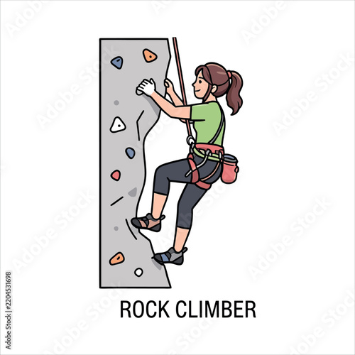 Rock climber woman climbing on indoor climbing wall vector illustration