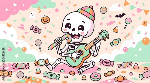 Cute Cartoon Skeleton Playing Ukulele Surrounded by Halloween Candy and Festive Confetti in Pastel Colors