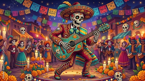 Vibrant Dia de los Muertos celebration with a mariachi skeleton playing guitar in a festive plaza