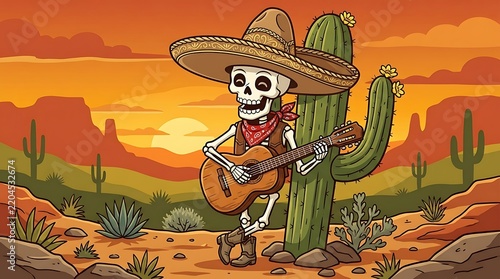 Cartoon Illustration of a Smiling Skeleton Playing Acoustic Guitar in a Vibrant Desert Sunset Setting