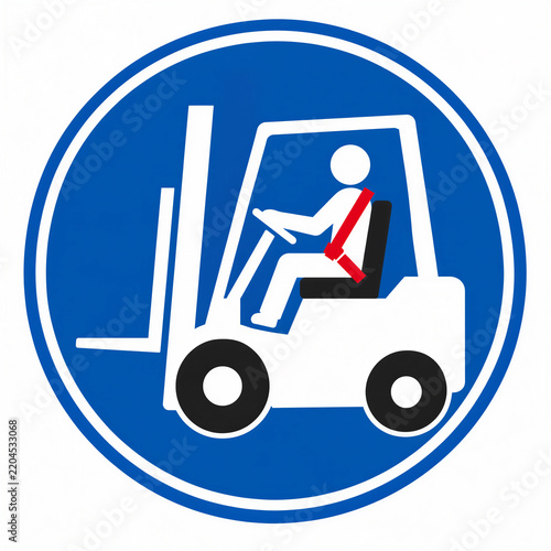 Forklift safety belt mandatory sign icon isolated on white background wearing seatbelt safety first workplace hazard warning label blue circle vector

