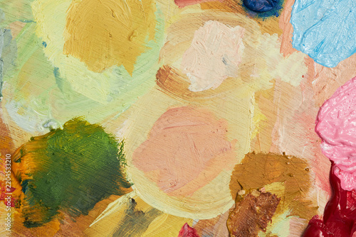 Artist paint mixing palette texture background. Flat lay abstract colorful oil and acrylic color swatches for creative art studio design