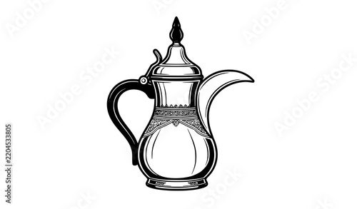 Ornate Arabic Dallah Coffee Pot Vector Illustration Traditional Arabian Teapot with Decorative Pattern Black and White Line Art Design