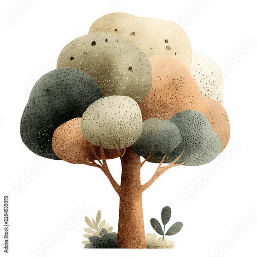 Whimsical woodland tree illustration with rounded textured canopy in muted green beige and brown colors isolated on white background for nursery forest designs