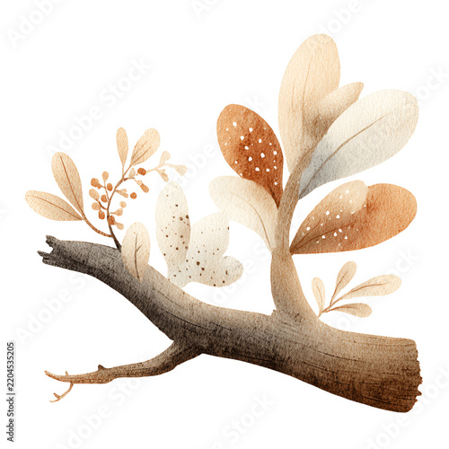 Whimsical woodland branch illustration with delicate neutral leaves berries and botanical details isolated on white background for nursery forest and autumn designs