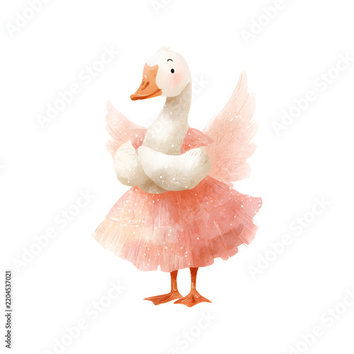 Adorable girly goose carrying a tiny companion while wearing a fluffy pink tutu isolated on white background for whimsical nursery and children designs