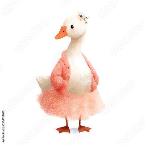 Cute girly goose character wearing a soft coral pink skirt with sweet feminine details isolated on white background for nursery and whimsical designs
