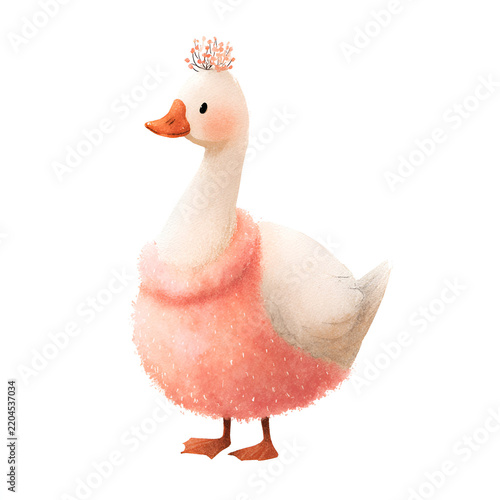 Elegant girly goose wearing a pink textured dress and tiny floral headpiece isolated on white background for nursery fashion and feminine party designs